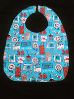 Music Notes and Movie Night print Adult men/Teen Reversible Bib for Elderly, Special Needs,  Eating in Car/by TV